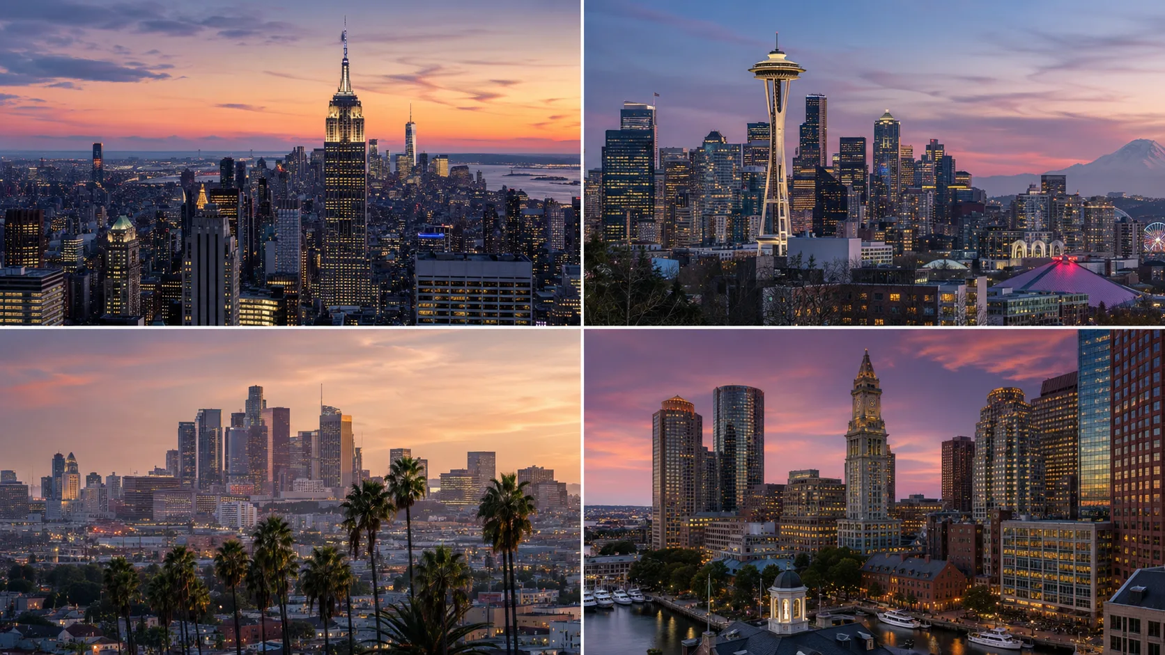 Four-panel composite of US city skylines at twilight — Manhattan with Empire State Building, Seattle Space Needle, Downtown Los Angeles with palm trees, and Boston harbor skyline — the four metros with the largest Uber per-mile increases in 2026
