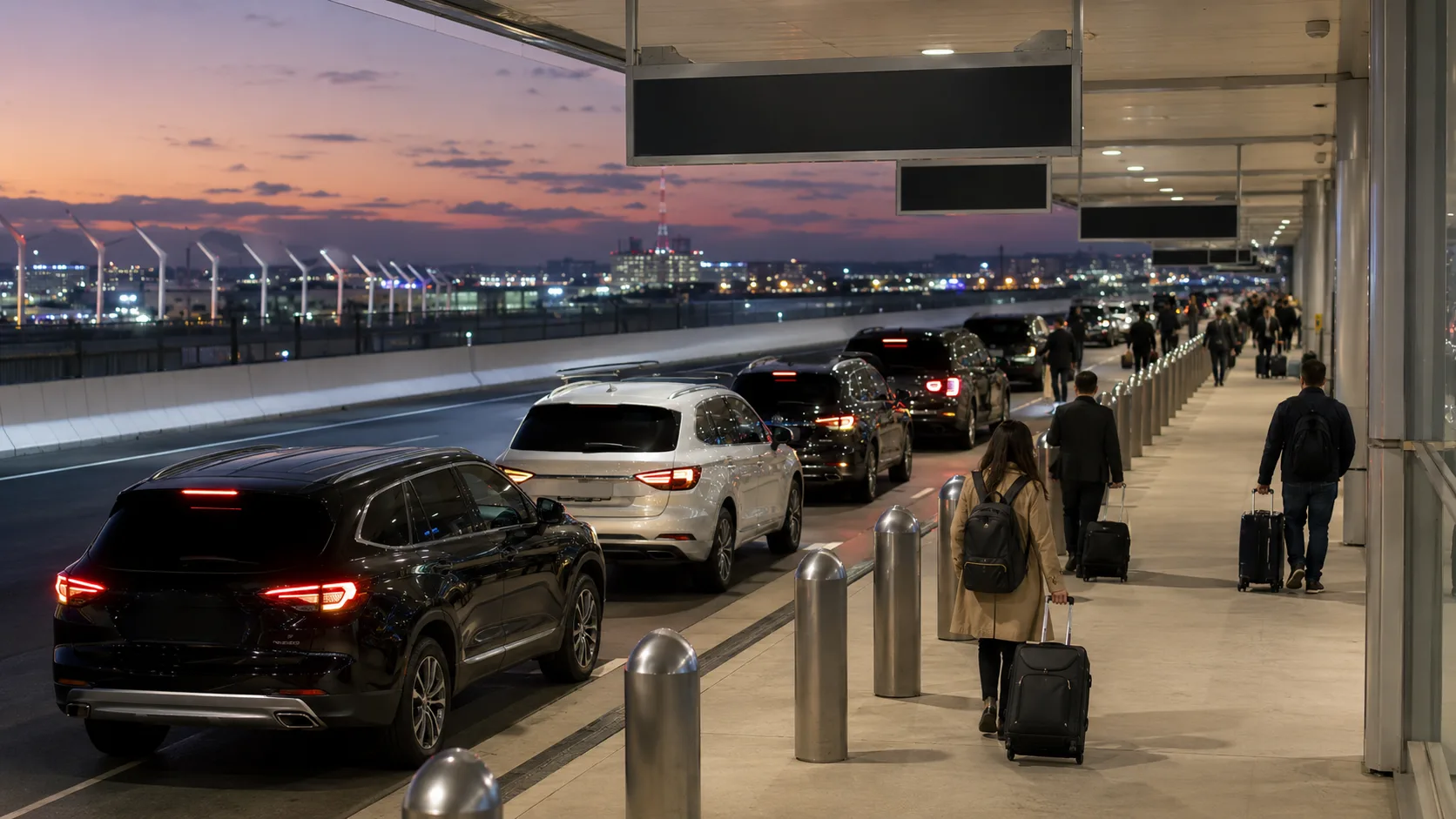 Airport rideshare pickup zone with designated waiting area and Uber/Lyft signage