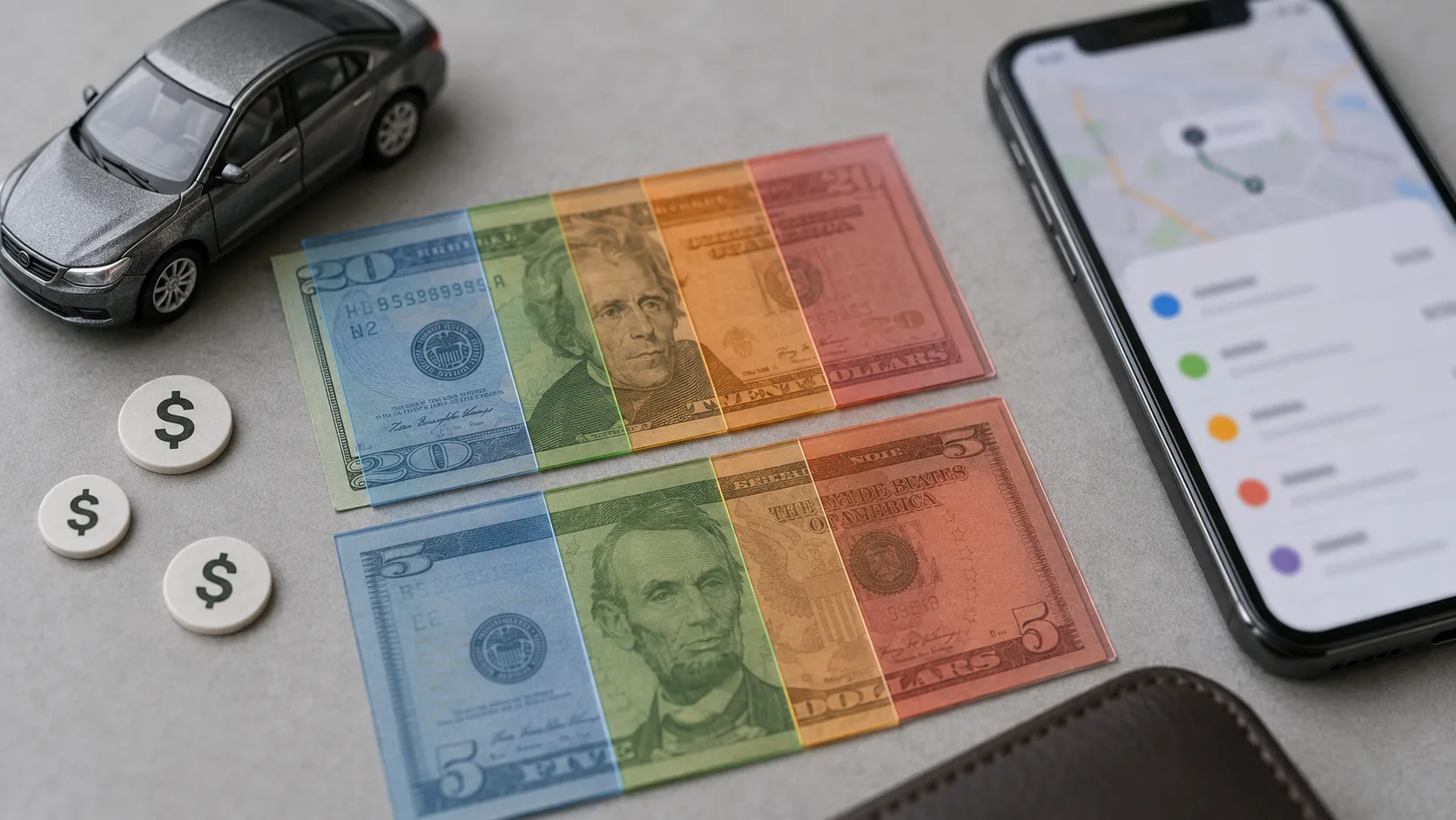 Visual breakdown of a $25 Uber fare into colored components — $20 and $5 bills split into colored zones representing base fare, per-mile, per-minute, booking fee, and platform commission