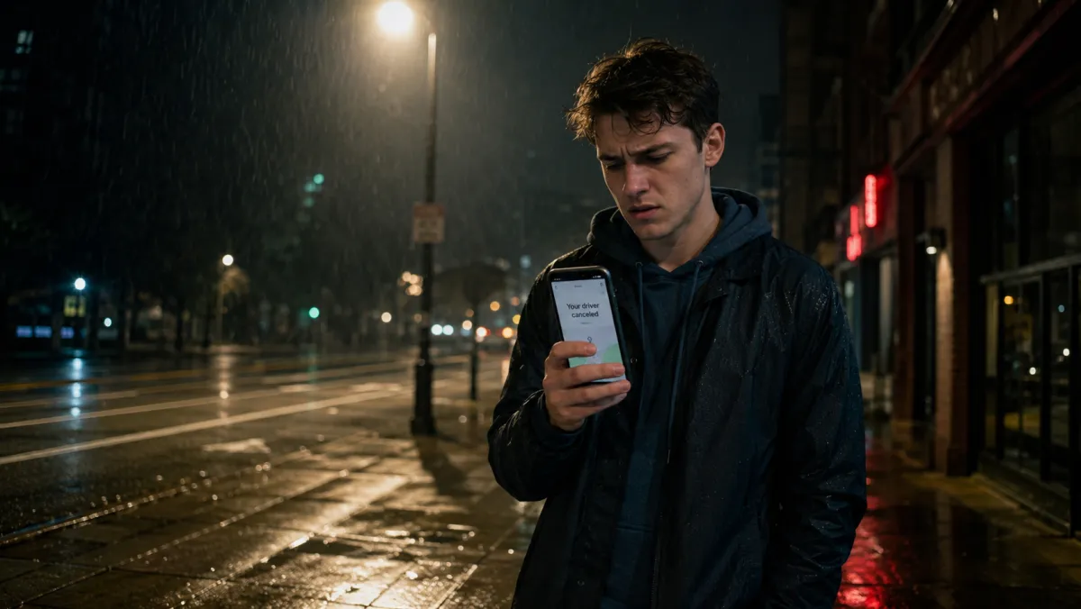 Person on rainy city street at night looking at smartphone showing rideshare driver canceled notification