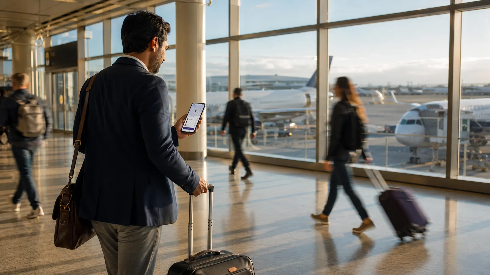 Traveler with luggage approaching a rideshare pickup zone at a major US airport