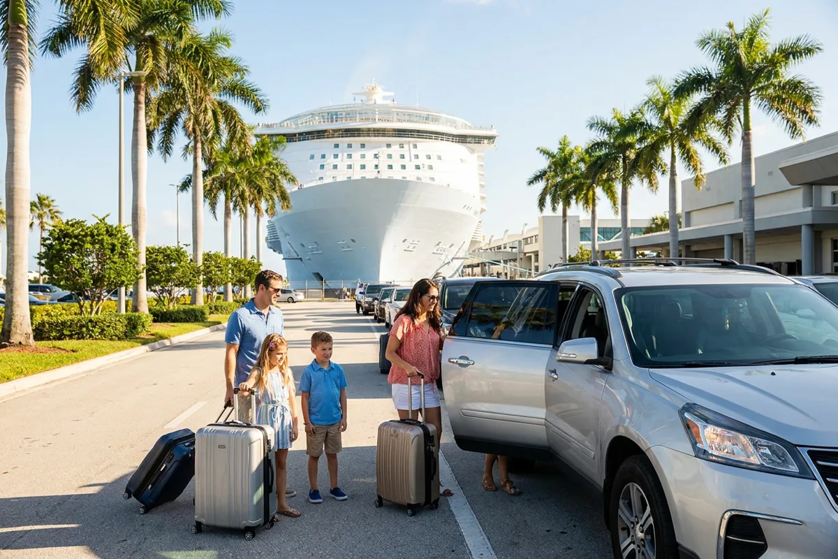 Family of four unloading suitcases from a rideshare SUV at a Florida cruise terminal drop-off lane with a cruise ship behind them