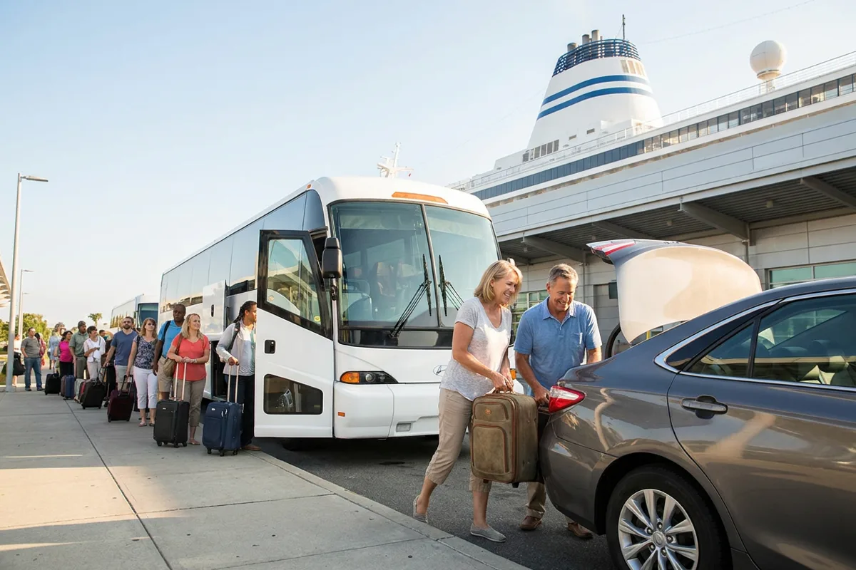 Cruise passengers lining up to board a cruise-line shuttle bus while a couple loads luggage into a rideshare sedan at the terminal curb