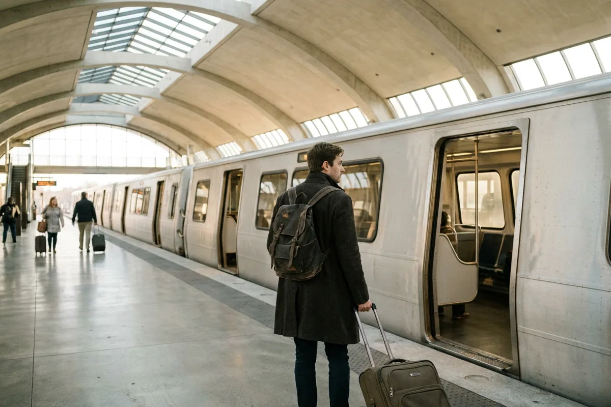 Traveler wheeling a suitcase onto a Washington Metro Silver Line train at the Dulles airport station platform