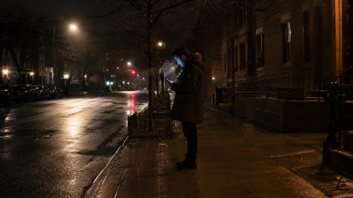 A person in a winter coat standing on a wet Brooklyn sidewalk at night looking at their phone, breath visible in the cold