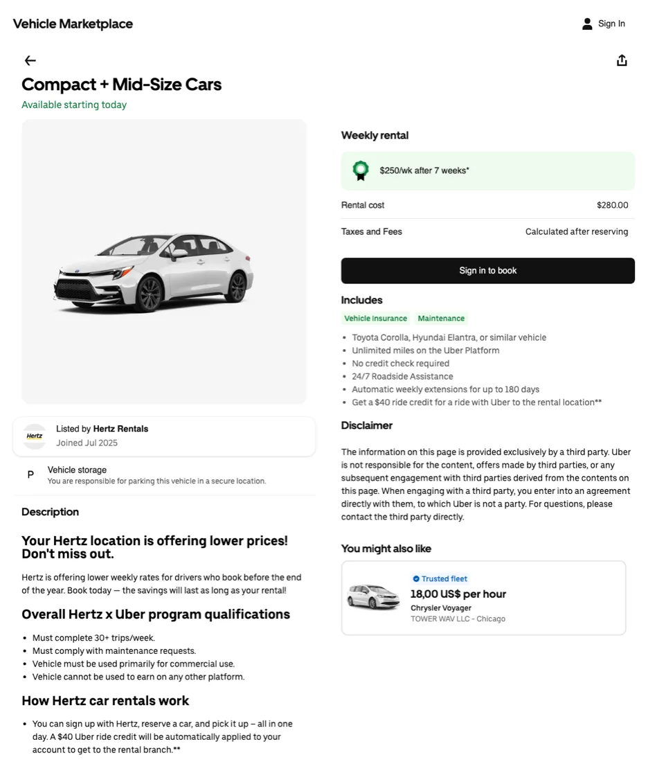 Uber Vehicle Marketplace listing for a Hertz compact or mid-size car: rental cost $280.00 a week, $250 a week after 7 weeks, taxes and fees calculated after reserving, insurance and maintenance included, must complete 30+ trips a week, cannot be used on any other platform.