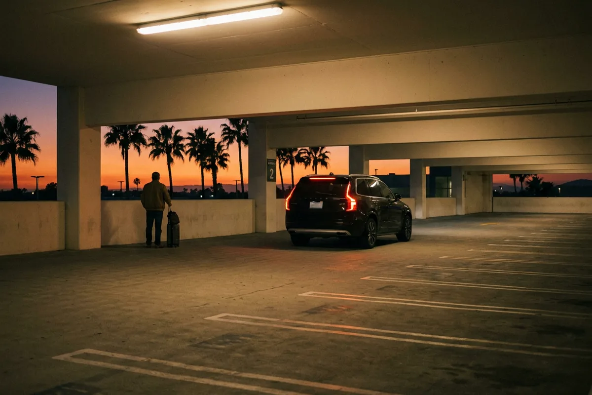 Traveler with a suitcase waiting on the open upper deck of a Southern California airport parking structure at dusk as a car pulls away