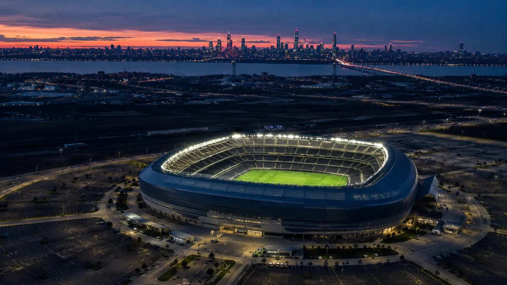 Aerial twilight view of a large NFL-style stadium with green soccer field, vast surface parking lots, and a distant urban skyline across the river — representative of MetLife Stadium in East Rutherford, NJ