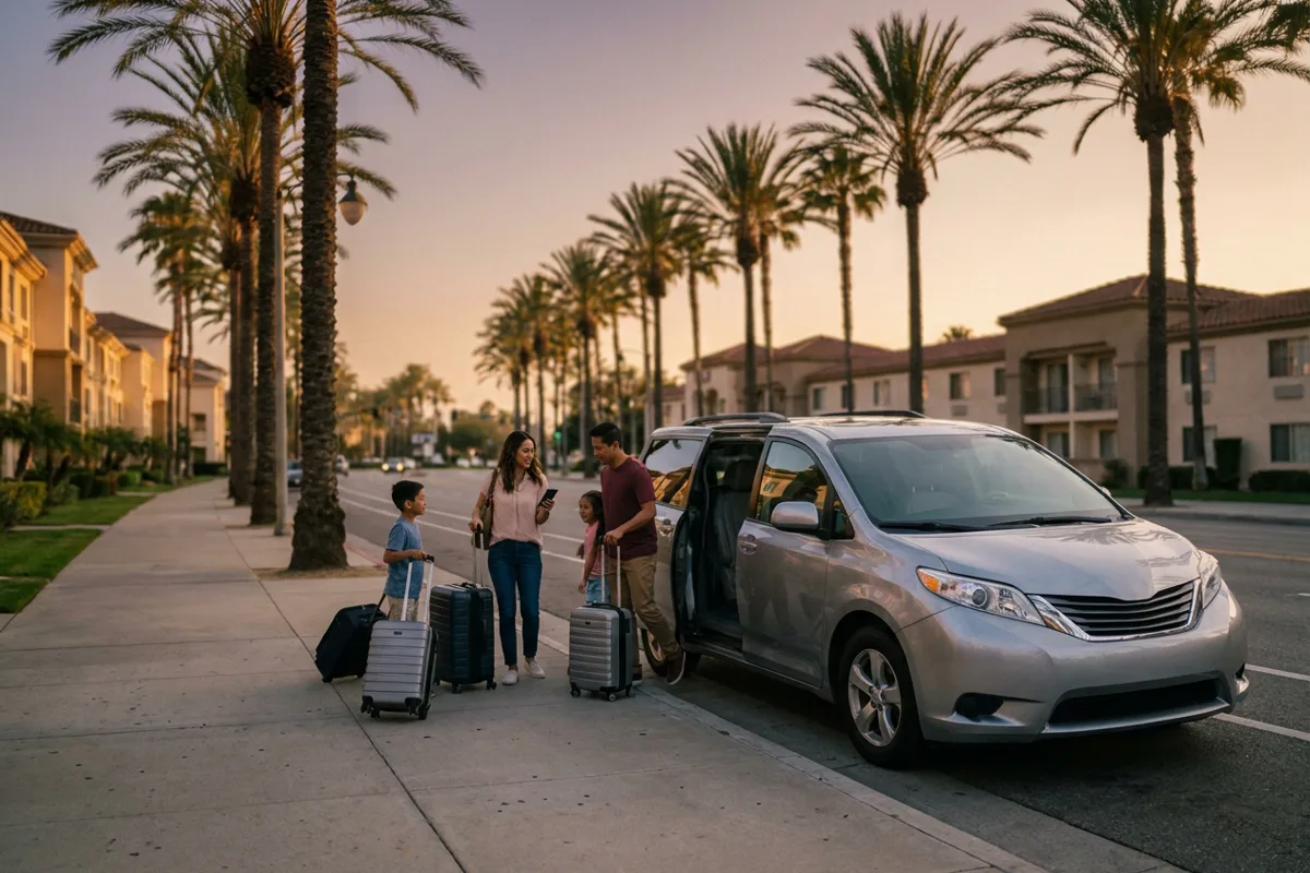 Family with rolling suitcases stepping out of a minivan on a palm-lined Anaheim resort street near Disneyland at sunset