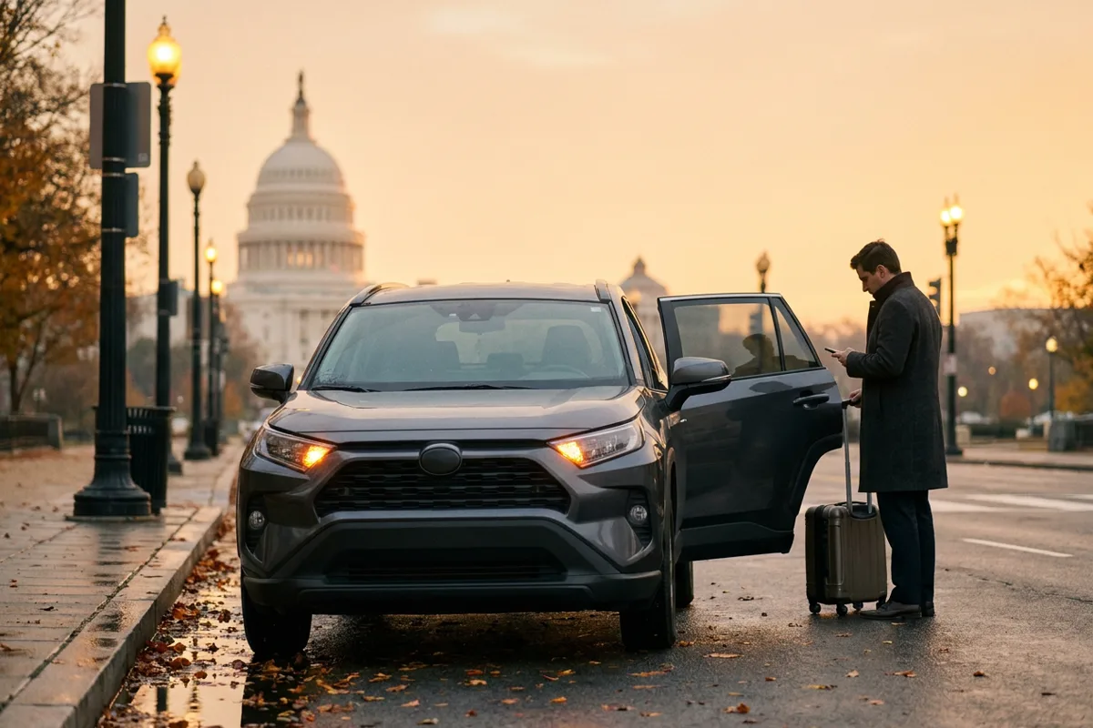 Traveler with a carry-on suitcase getting into a rideshare at a Washington DC curb at dusk, with the US Capitol dome in the background