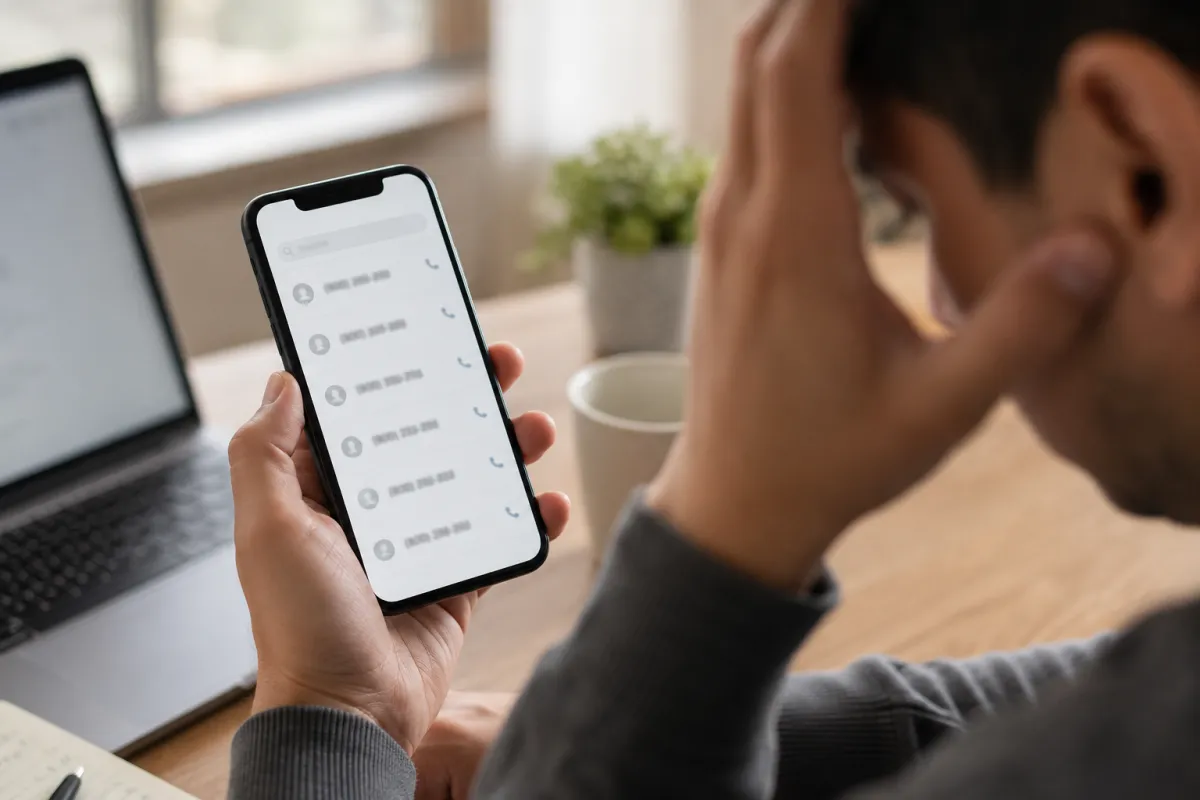 Person looking frustrated while searching for Uber customer service phone numbers on smartphone with laptop in background