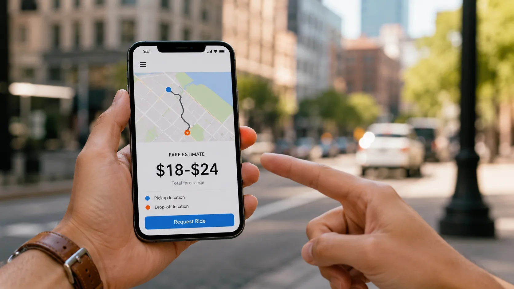 Hand holding smartphone showing fare estimate of $18-$24 with city street background