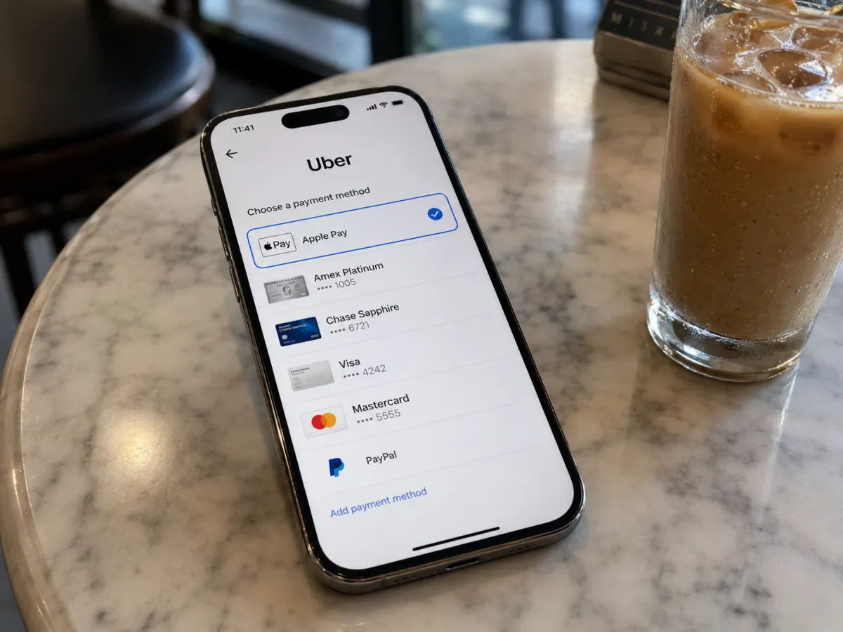 Uber app payment method selection screen with Apple Pay selected, showing Amex Platinum, Chase Sapphire, Visa, Mastercard, and PayPal options
