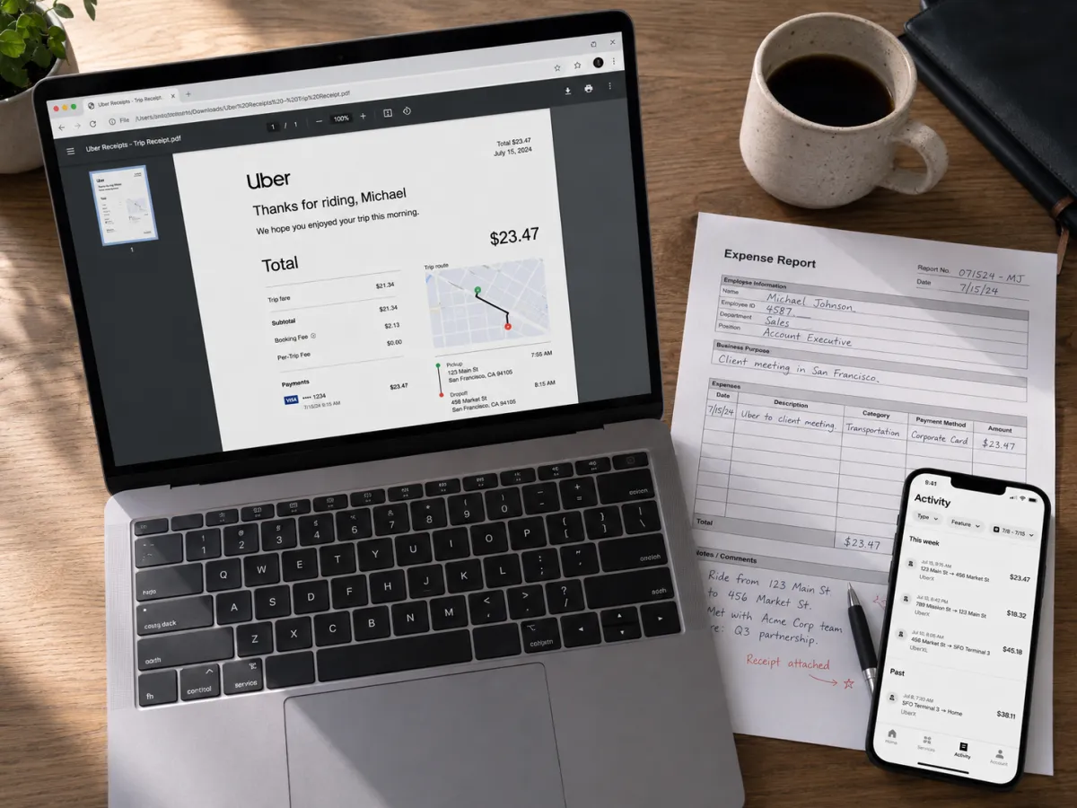 Laptop displaying an Uber receipt PDF beside a paper expense report, coffee mug, and phone showing the Uber Activity screen