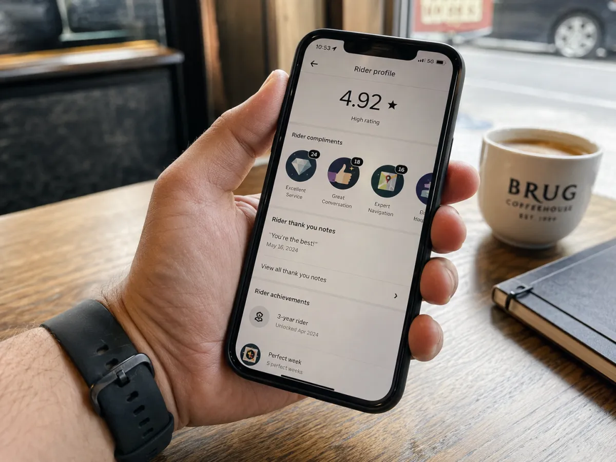 Uber rider profile screen showing a 4.92 star rating with rider compliments and thank-you notes