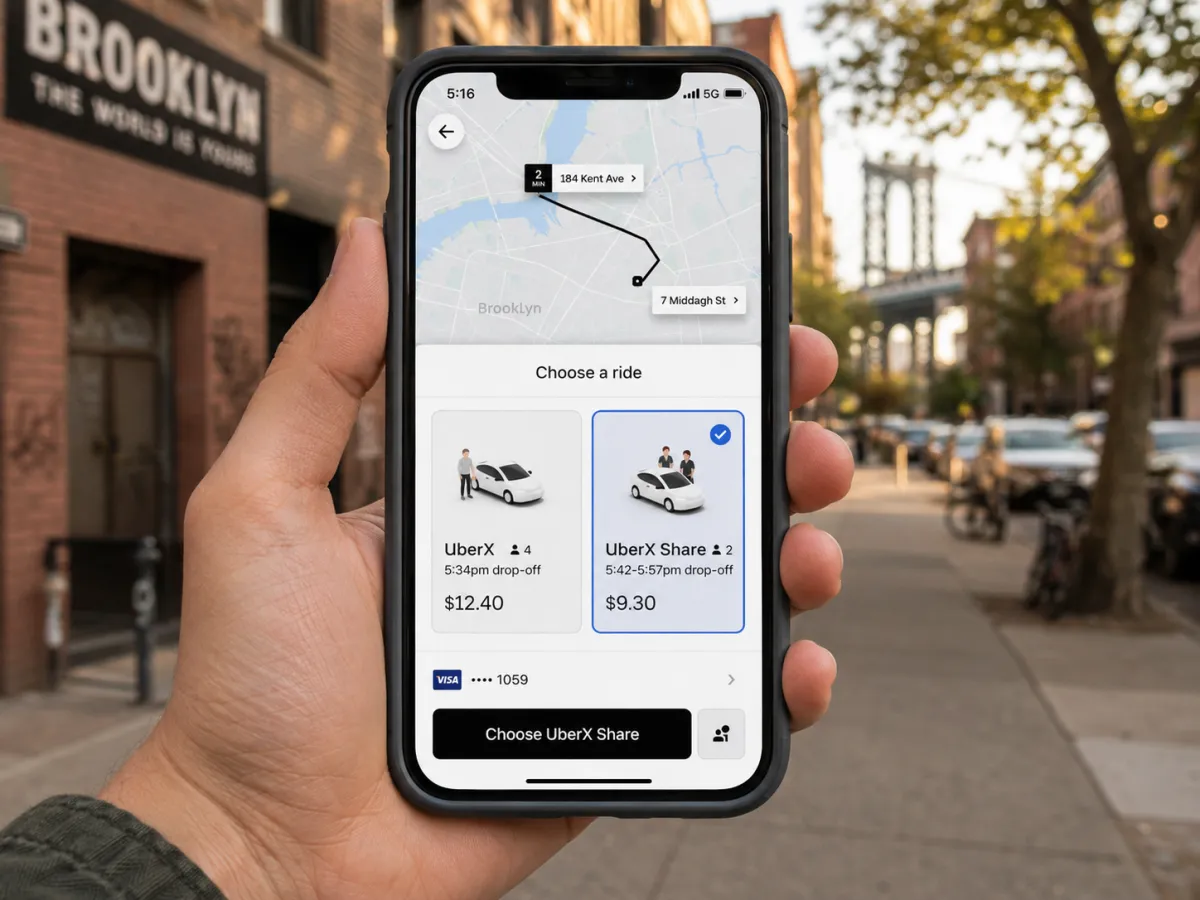 Side-by-side comparison of UberX and UberX Share pricing in the Uber app