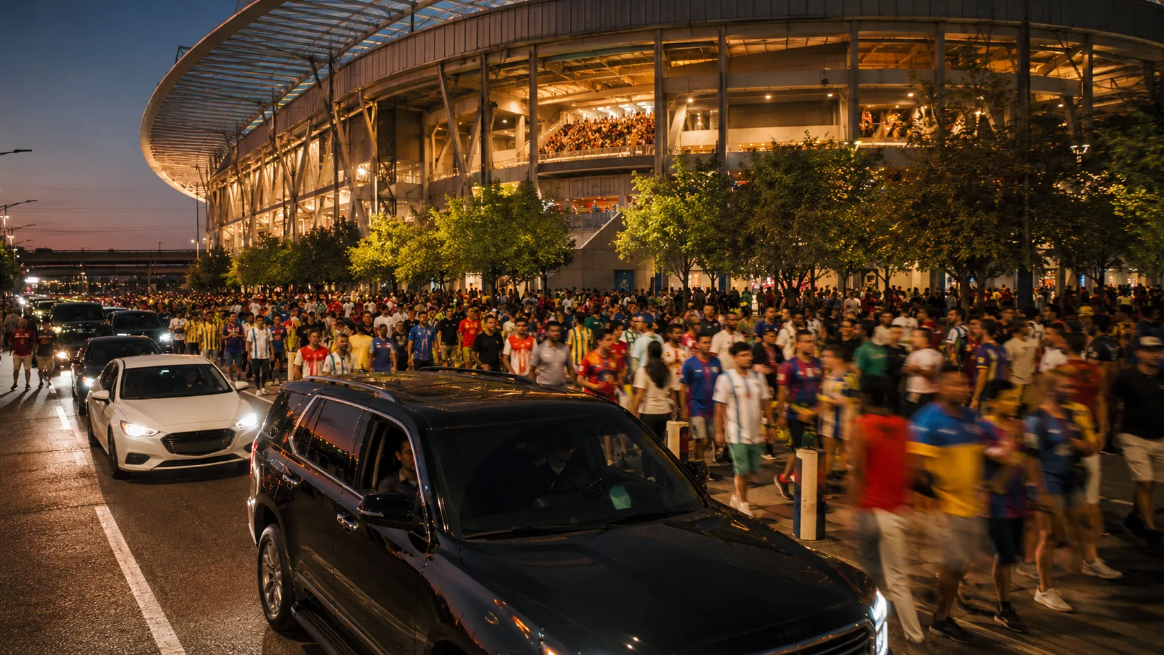 Soccer fans in colorful jerseys streaming out of a stadium at twilight with a line of black SUVs and white sedans waiting on the curb for rideshare pickup